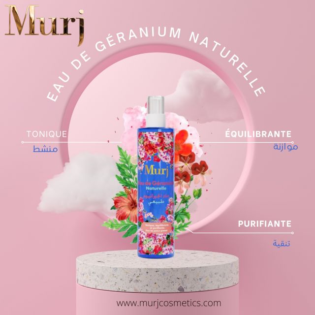 L’eau florale de géranium est particulièrement recommandée pour les peaux grasses. Régulatrice de sébum, elle est idéale pour lutter contre l’acné.
Elle est également reconnue pour ses propriétés apaisantes et toniques
commandez sur notre site internet 
www.murjcosmetics.com
ينصح باستخدام ماء زهور المسك بشكل خاص للبشرة الدهنية. منظم الزهم ، فهو مثالي لمحاربة حب الشباب.
كما أنه معروف بخصائصه المهدئة والمنغمة.
اطلب على موقعنا

 #dz #dzair #Alger #algerie #skincare